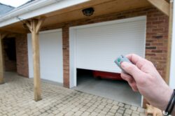 Electric roller garage door with white insulated slats as a hand presses a remote control, showing modern secure roller operation in the garage