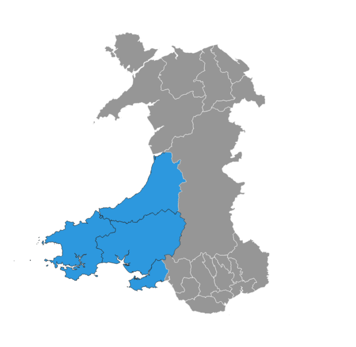 Blue service area map for Westcoast Doors Ltd shows industrial doors coverage across West Wales, with surrounding regions marked in grey.